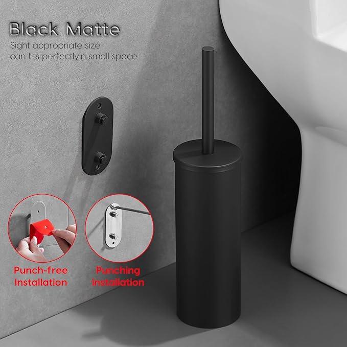 Toilet Bowl Brush and Holder, 304 Stainless Steel No-Punch Hook Base Dual Purpose Toilet Brush Holder with Removable Inner Bucket and Splash Cover - Soft Bristles (Black) - ModernBath