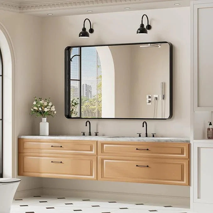 Koonmi Black Wall Mirror for Bathroom, 30x48 Inch Matte Deep Framed Rounded Rectangle Vanity Mirror for Farmhouse Living Room, Tempered Glass, Anti-Rust, Vertically or Horizontally - ModernBath