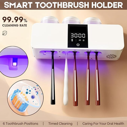 LXIANGN 3 in 1 Toothbrush Cleaner Holders for Bathrooms,Wall Mounted Toothbrush Holders with Drying and Cleaning,Smart LED Screen,6 Toothbrush Slots,3 Cups and Toothpaste Dispenser (White)