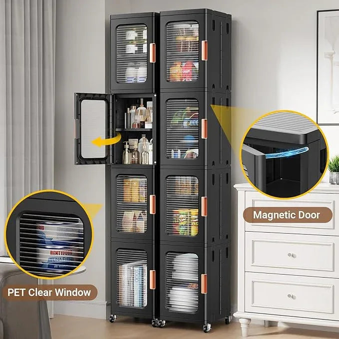 BROVIEW 3-Tier Tall Narrow Storage Cabinet Organizer, Slim Bathroom Cabinets with Adjustable Shelves and Doors, Plastic Kitchen Pantry Organizers and Storages for Small Space, Laundry, Black - ModernBath