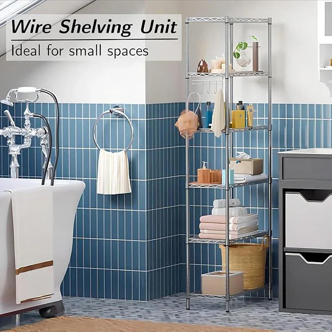 Homdox 6-Tier Storage Shelf Wire Shelving Unit Free Standing Rack Organization with Adjustable Leveling Feet, Stainless Side Hooks, Silver - ModernBath