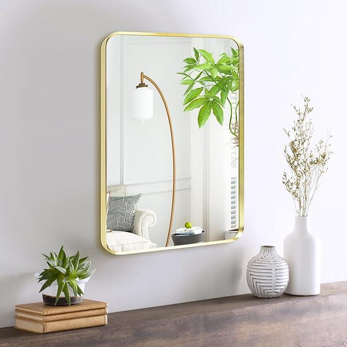 Minuover Wall Mount Mirror for Bathroom, Brushed Gold Metal Framed Rounded Corner Rectangular Vanity Mirror (18" x 24", Gold) - ModernBath