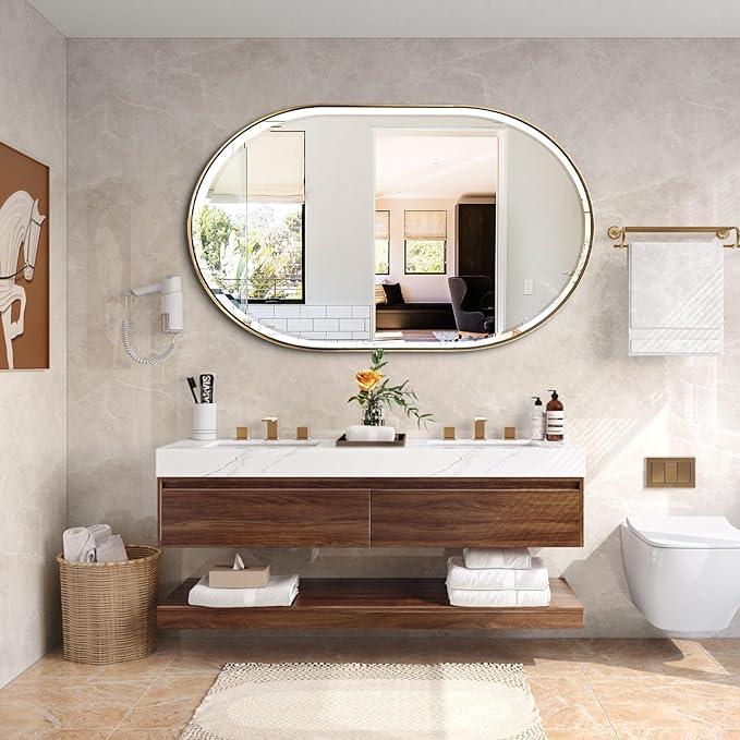 POZINO Gold Oval Mirror, Brass Beveled Mirror with Stainless Steel Frame, 28"x48" Large Rounded Rectangle Mirrors for Over Sink, Modern Oblong Vanity Wall Mirrors for Bathroom Bedroom Living Room - ModernBath