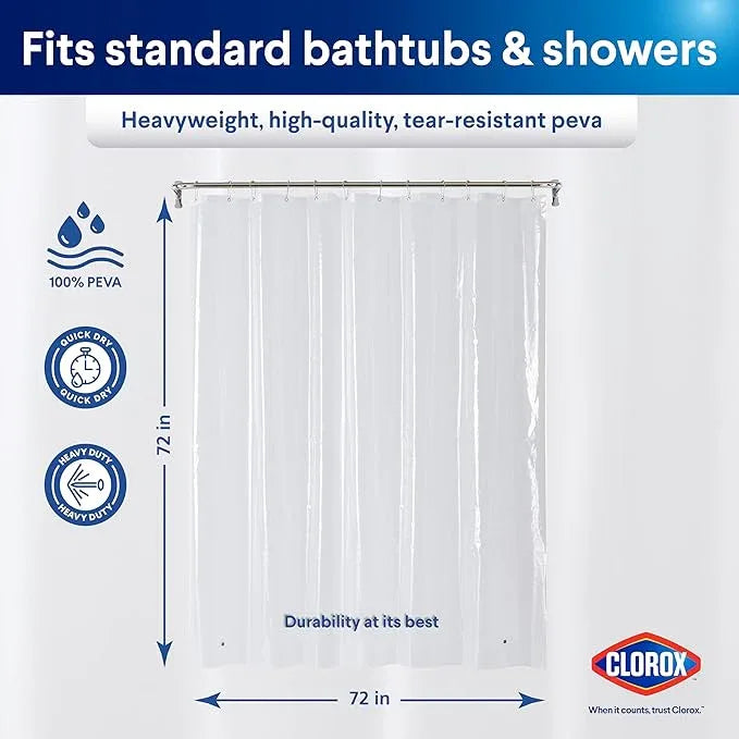 Clorox Shower Curtain Liner, Premium Heavyweight Durable Waterproof 8g PEVA for Bathroom with Weighted Magnets, Standard Size 72" x 72", Clear 1 Pack - ModernBath