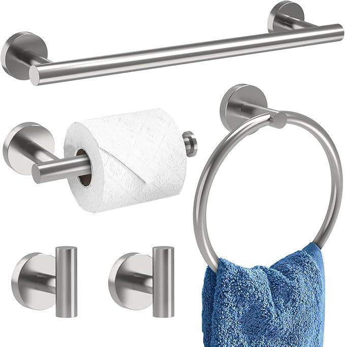 Brushed Nickel Bathroom Accessories, Bathroom Hardware Set, SUS304 Stainless Steel Bathroom Towel Holder Set, 16 Inch Towel Bar Set 5 Pcs, 2 Towel Hooks, Toilet Paper Holder, Towel Ring - ModernBath