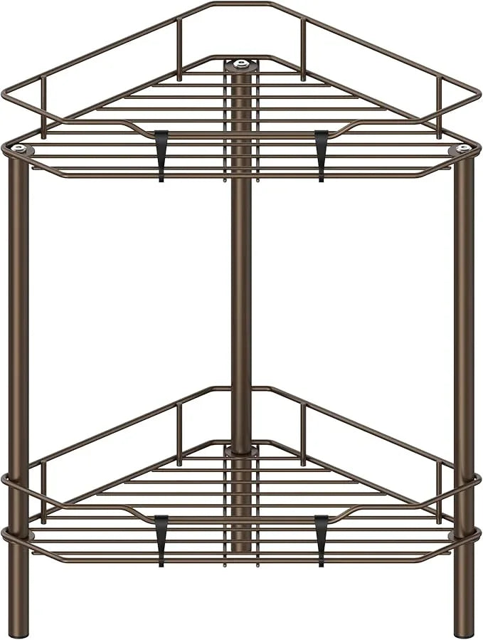 2 Tier Floor Standing Corner Shower Caddy Organizer Shelf with Hooks, Bathroom Shelves Stand Rack, Bronze - ModernBath
