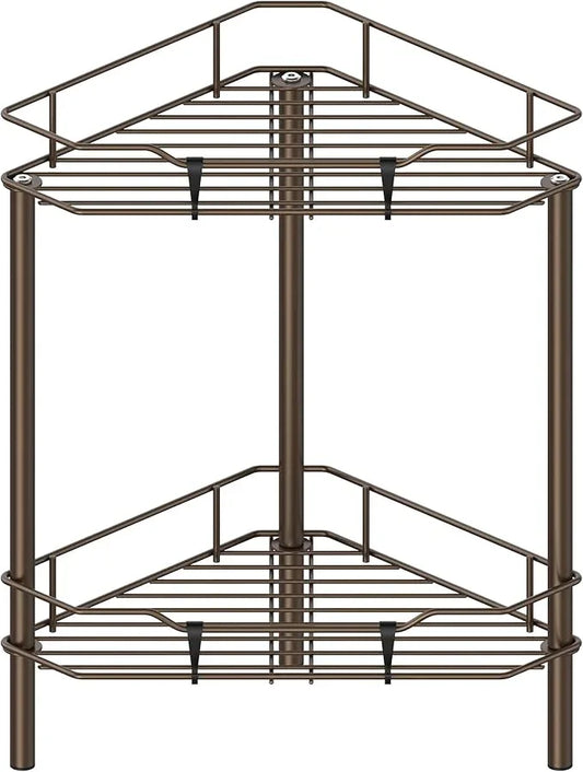 2 Tier Floor Standing Corner Shower Caddy Organizer Shelf with Hooks, Bathroom Shelves Stand Rack, Bronze - ModernBath