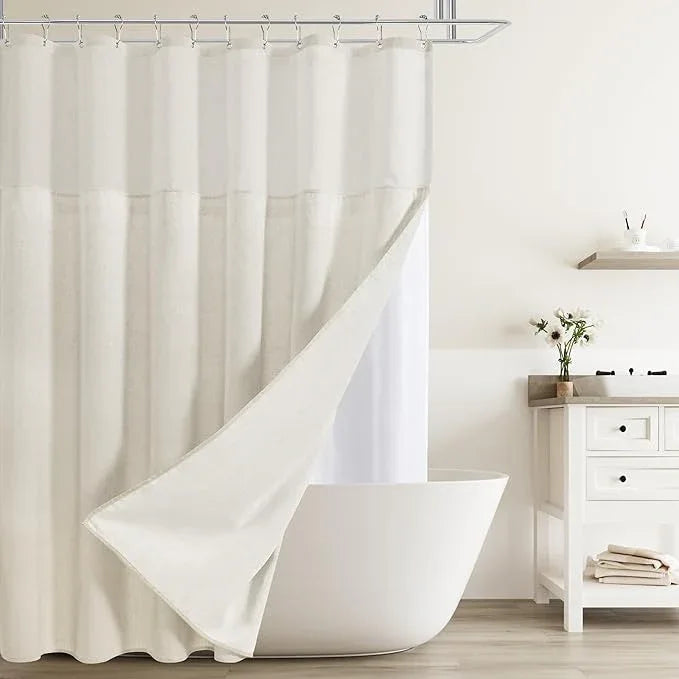 Naturoom Extra Long Shower Curtains 84 inches Linen Shower Curtain with Snap in Liner Set Boho Farmhouse Heavy Duty Textured Burlap Cloth Double Bath Curtains with See Through Top Window 72x84 - ModernBath