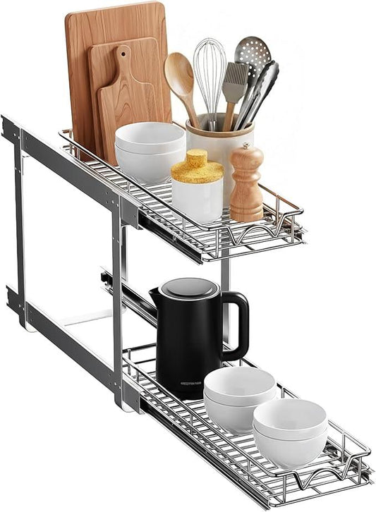 HOLDN’ STORAGE Two Tier Pull Out Cabinet Organizer, Individual Sliding Drawers - Heavy Duty Metal with Lifetime Limited Warranty - Anti Rust Chrome Finish - 8" W x 21”D x 16.5" H - ModernBath