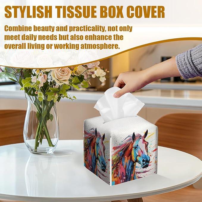 Colorful Horse Tissue Box Cover 2PCS, Animals Leather Tissue Box Holder Square Facial Paper Case Tissue Box Cube Organizer for Bathroom Bedroom Desk Office - ModernBath