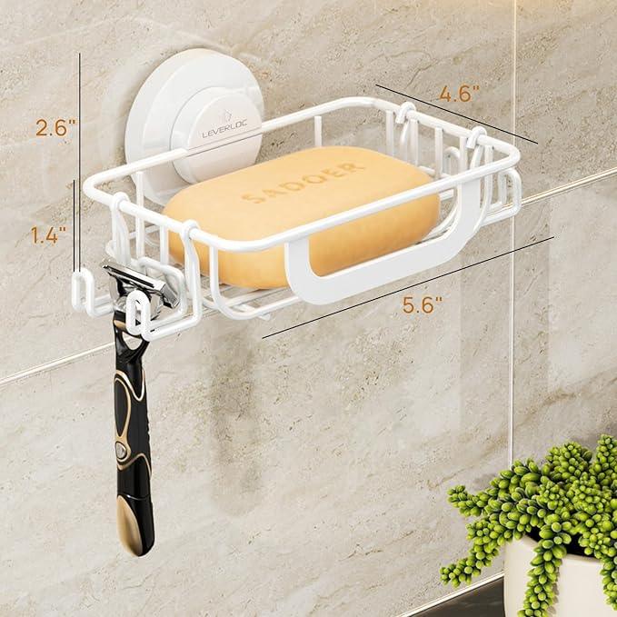 LEVERLOC Soap Holder Dish with Hooks for Shower, Bar Suction Cup Soap Tray Wall Mounted, Rustproof Stainless Steel Sponge Holder Caddy for Bathroom Bathtub Kitchen Sink, White - ModernBath