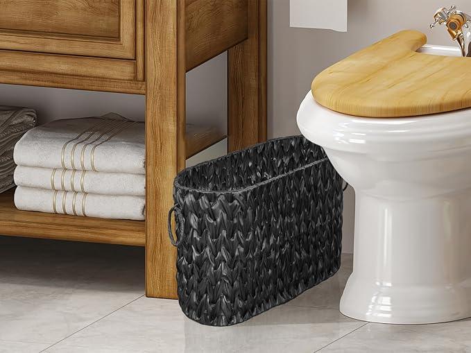 Coeusy Black Toilet Paper Storage Basket,Large Free Standing Toilet Paper Organizer,Waterproof Narrow Wicker Basket for Bathroom,Under Sink,or Cabinet - ModernBath