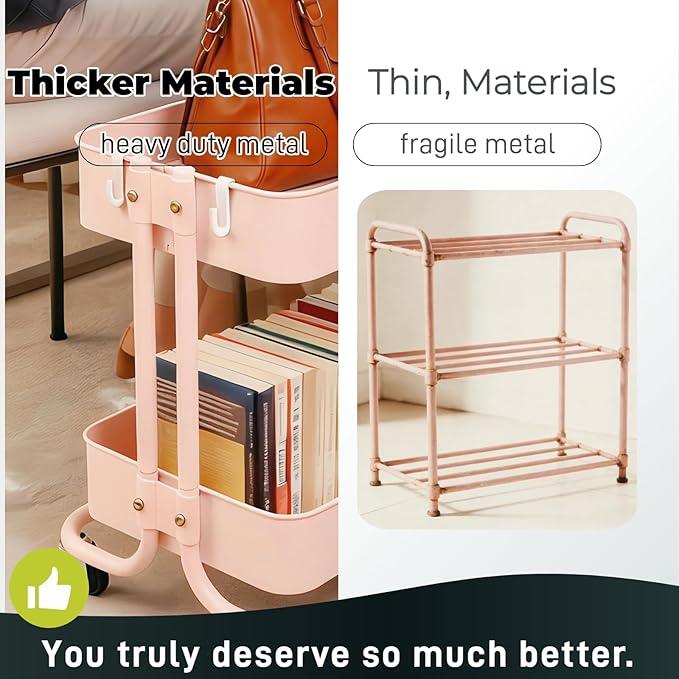 2 Tier Rolling Cart with Wheels for Under Desk Storage, Pink Small Rolling Pantry Storage Cart for Small Space, Metal Utility Shelf for Kitchen Bathrrom Laundry Room Organization - ModernBath