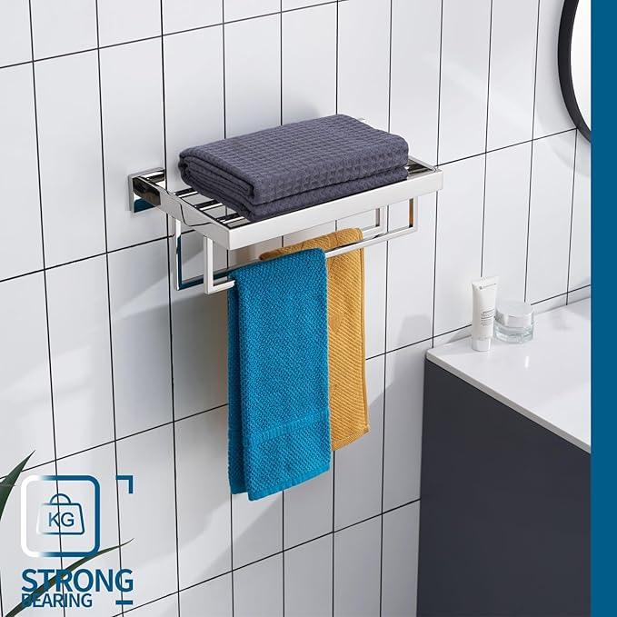 KOKOSIRI Bathroom Towel Shelf 16'' Chrome Towel Rack with Two Bath Towel Bars SUS304 Stainless Steel Wall Mounted, Polished Finish B6003CH-L16 - ModernBath