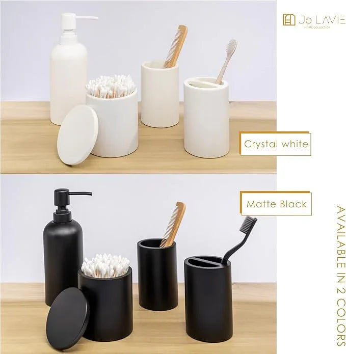 Jo Lavie Matte White Bathroom Accessories Set – 4-Piece Resin Countertop Organizer with Soap Dispenser, Tumbler, Toothbrush Holder & Cotton Swab Jar – Modern Minimalist Vanity Kit - ModernBath