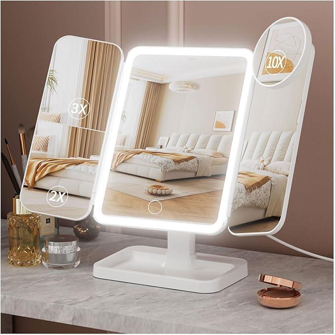 YGGPOQO Lighted Makeup Mirror with 75 LEDs, Rechargeable Vanity Mirror with 1X/2X/3X/10X Magnification, 3 Color Modes & Touch Dimming, Portable Folding Mirror for Travel Desk, Gifts for Women & Girls - ModernBath
