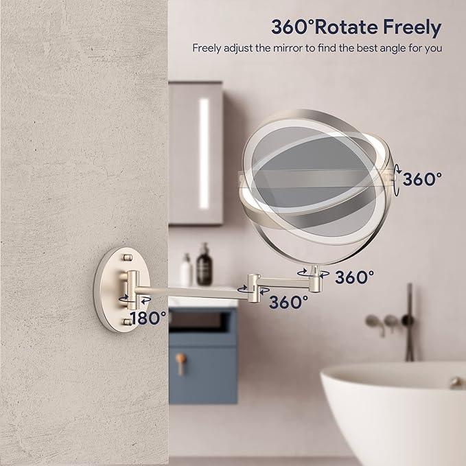 Rocollos Rechargeable Wall Mounted Lighted Makeup Mirror, 8 Inch Double-Sided LED Vanity Mirror 1X/10X Magnification,3 Color Lights Touch Screen Dimmable 360°Swivel 13 Inch Extendable - ModernBath