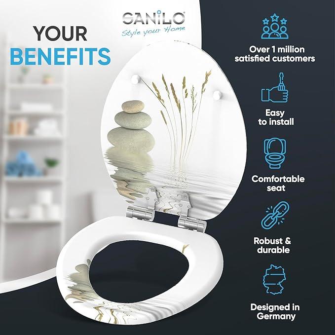 SANILO Wooden Toilet Seat with Soft Close [ELONGATED] - Decorative, Quiet & Slow Close Molded Wood Seat - With Strong Bumpers & Hinges - Adjustable Fit - Balance - ModernBath