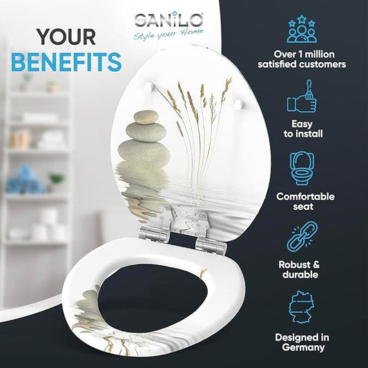 SANILO Wooden Toilet Seat with Soft Close [ELONGATED] - Decorative, Quiet & Slow Close Molded Wood Seat - With Strong Bumpers & Hinges - Adjustable Fit - Balance - ModernBath