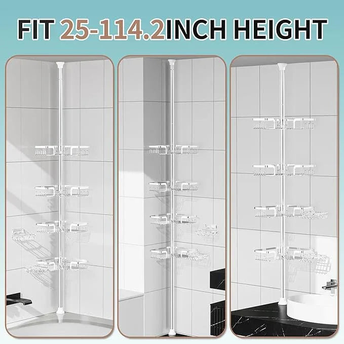 KEGII Shower Caddy Tension Pole – Corner Rustproof Bathroom Organizer with Soap Holder & Hooks, No-Drill Adjustable Shower Shelf for Renters for Families & Renters, 25-114.2 Inch, Silver - ModernBath