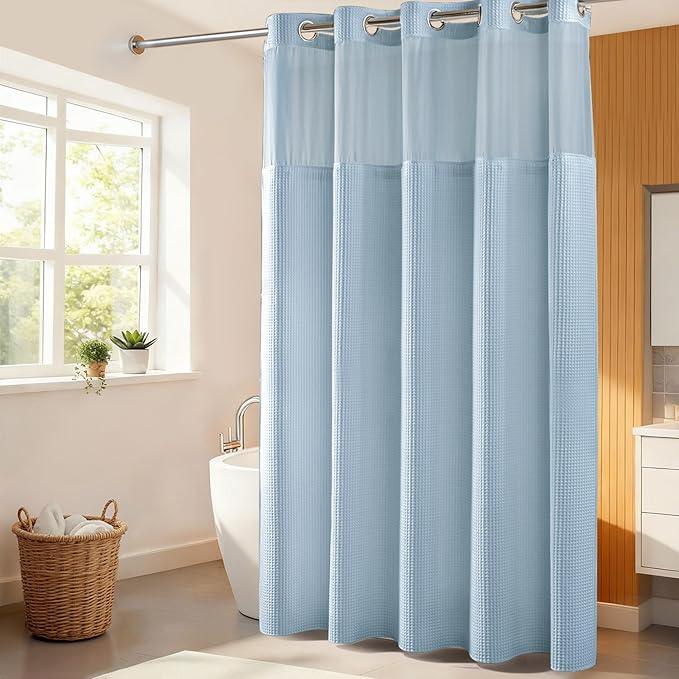 River Dream Misty Blue Fabric Shower Curtain Set, Cotton Blend, Waffle Weave, with Snap in Replacement Liner，71 x 74 inches - ModernBath