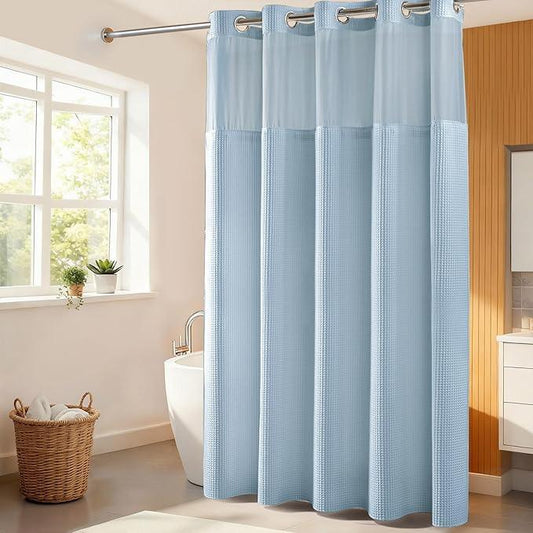 River Dream Misty Blue Fabric Shower Curtain Set, Cotton Blend, Waffle Weave, with Snap in Replacement Liner，71 x 74 inches - ModernBath