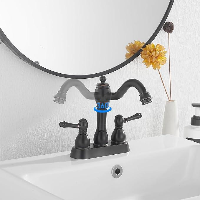 GGStudy Oil Rubbed Bronze Bathroom Faucet 2 Handles 4 Inches Centerset RV Bathroom Vanity Faucet with Drain Assembly and Supply Hose Lavatory Faucet - ModernBath