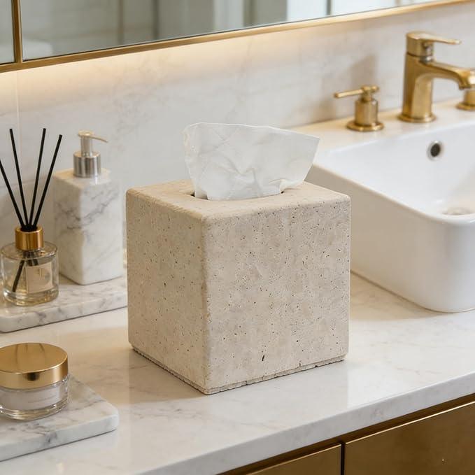 Travertine Tissue Box Cover, Vintage Style Napkin Holder, Square Tissue Box with Acrylic Board Bottom, Natural Heaty Duty Stone Toilet Paper Holder for Bathroom, Bedroom, Living Room - ModernBath