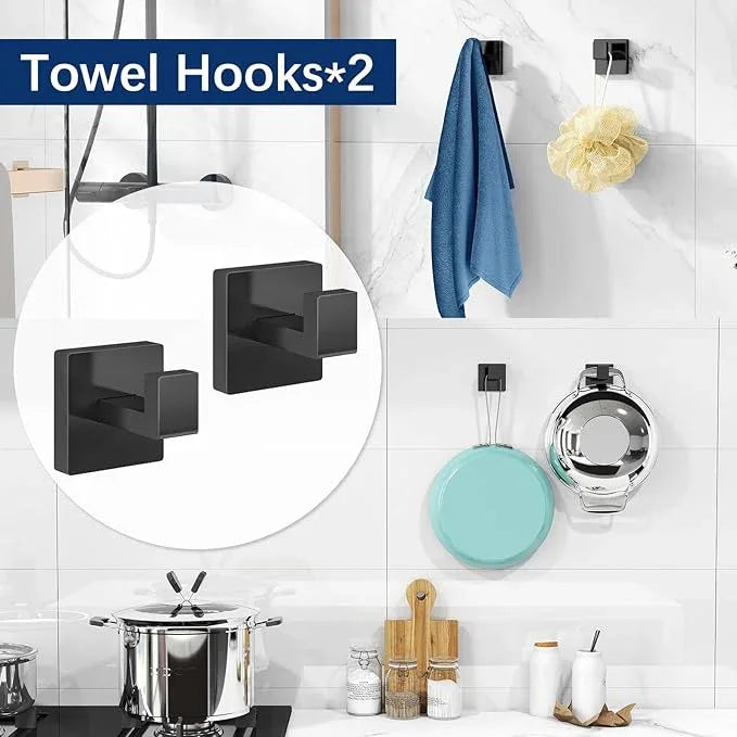 5-Piece Bathroom Hardware Accessories Set, Towel Racks for Bathroom Wall Mounted Stainless Steel, Matte Black Towel Bar Set 16In - ModernBath