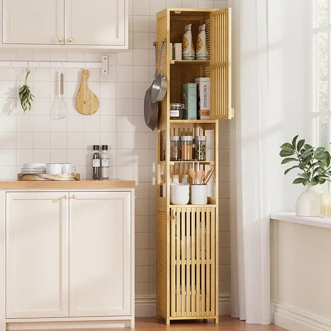 Amazer 70'' Tall Bathroom Storage Cabinet Bamboo, Narrow Storage Cabinet with Rattan Doors and Adjustable Shelves, Slim Freestanding Organizer for Living Room, Kitchen, Natural Color - ModernBath