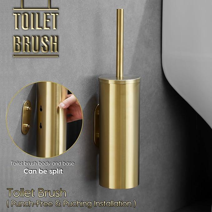 Gold Brushed Stainless Steel Toilet Brush and Cover, No-Punch Hook Base Dual Purpose Toilet Brush Holder with Removable Inner Bucket and Splash Cover - Soft Bristles (Brushed Gold) - ModernBath
