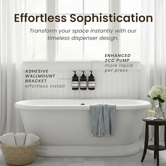 MaisoNovo Shampoo and Conditioner Dispenser - Shower Soap Dispenser Wall Mounted - 16.9 fl oz Set of 3 Amber Plastic Bottles Black Pump - 3 Chamber No Drill - ModernBath