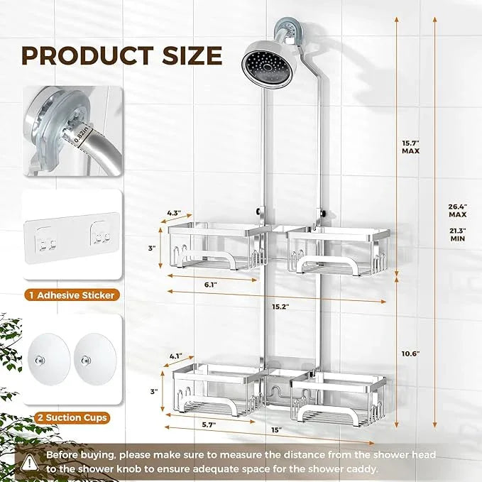 REINHARDT Adjustable Shower Caddy Hanging Split Shower Caddy for Handheld Showerheads, Rustproof Shower Organizer with Hooks for Razor Over the Head Caddy with Soap Holder Bathroom Accessories, Silver - ModernBath