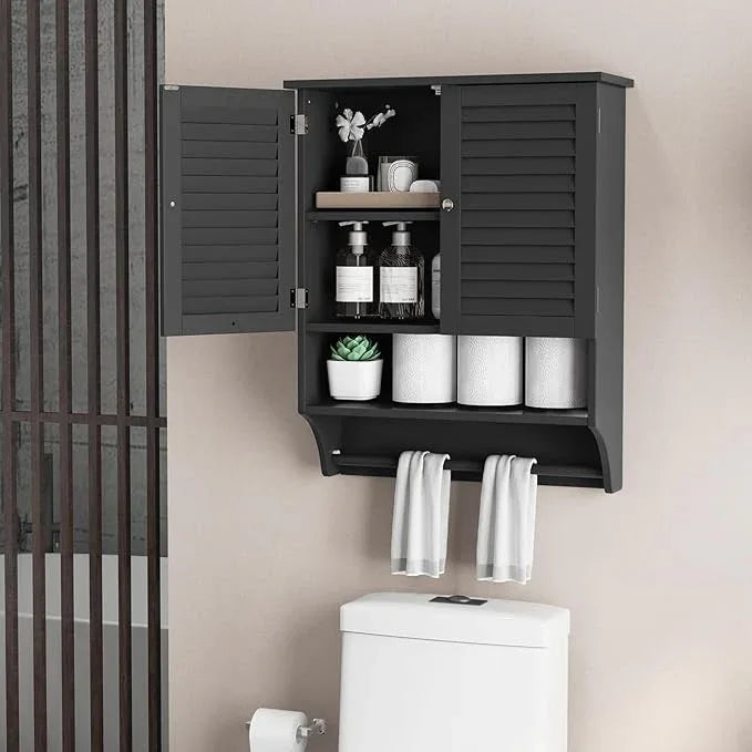 Giantex Bathroom Cabinet Wall Mounted - Hanging Medicine Cabinet with 2 Louvered Doors, 3-Position Adjustable Shelf, Towel Bar, Over The Toilet Space Saver (Black) - ModernBath