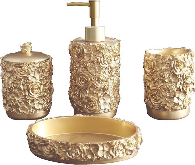 Hymmah Gold Bathroom Accessories Set,Rose Design Bathroom Set,Farmhouse Bathroom Decor,4 Pcs Resin Gift Set Apartment Necessities, Contain Cotton Swab Jar,Soap Dispenser,Soap Dish,Tumbler White - ModernBath