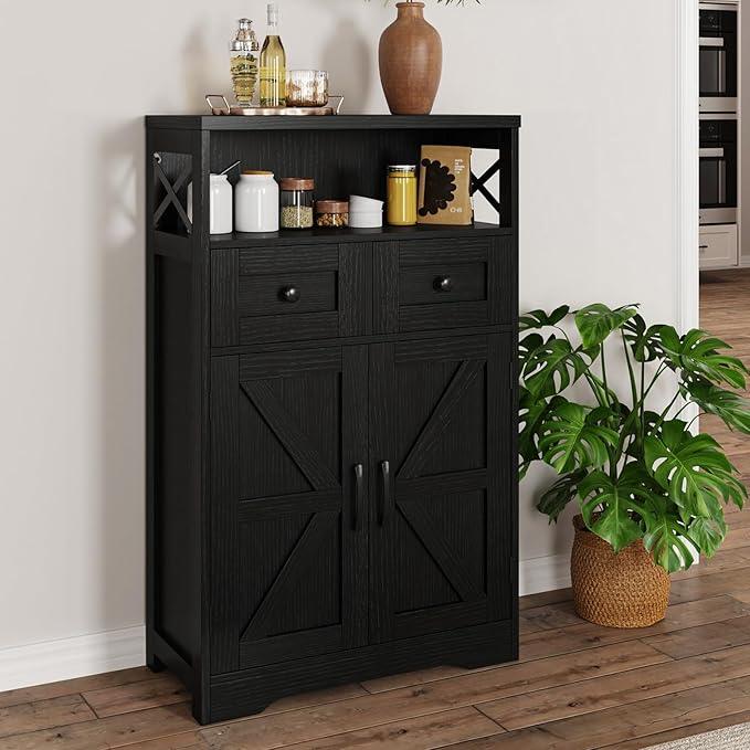 Black Farmhouse Kitchen Pantry Cabinet With Doors and Shelves, Coffee Bar Storage, Freestanding Floor Hutch Cupboard for Kitchen, Laundry, Living Room - ModernBath