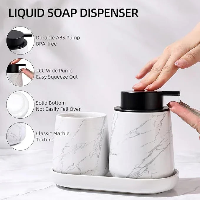 BosilunLife Marble Bathroom Accessory Set - 3 pcs Ceramic Bathroom Soap Dispenser Set Farmhouse Bathroom Counter Decor Set Accessories, Soap Dispenser and Toothbrush Holder, Tray - ModernBath