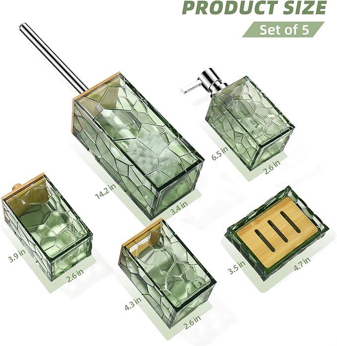 GAHEFY Sage Green Bathroom Accessories Set, Toothbrush Holder, Soap Dispenser, Cotton Swabs Holder, Soap Dish, Toilet Brush with Holder, Boho Bamboo Bathroom Decor,Acrylic (Green) - ModernBath