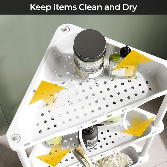 ODesign 5 Tier Floor Standing Corner Shower Caddy Organizer, Plastic Metal Floor Corner Shelf Storage Rack for Bathroom White - Rustproof - ModernBath