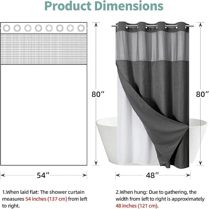 eachope Charcoal Grey No Hook Waffle Weave Shower Curtain with snap-in Liner Replacement, 230GSM Waterproof Fabric Hotel Shower Curtain Set for Bathroom, Through Mesh Top Window,54Wx80H - ModernBath