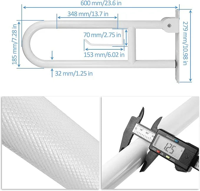 Handicap Grab Bar, 23.6 Inch Stainless Steel Toilet Safety Rails, White Disabled Flip-Up Bathroom Grab Bars with Paper Holder, Anti-Slip Toilet Handrails Hand Grips Grab Bars for Elderly - ModernBath