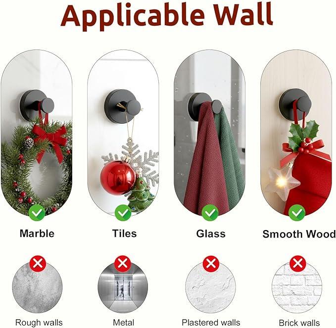 Upgraded Suction Cup Hooks for Door Wreaths, Heavy Duty Wreath Hangers for Front Door, Glass Window and Outdoor use, Strong Suction Vacuum Hook for Towels, Robes & Decorations(4 Pack, Black) - ModernBath