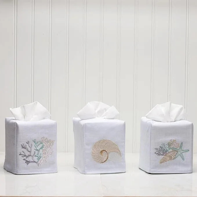 Jacaranda Living Square Tissue Box Cover, Linen/Cotton Fabric Tissue Holder, Decorative Cloth Tissue Cube Cover, Coastal Designs Striped Nautilus (Beige) - ModernBath