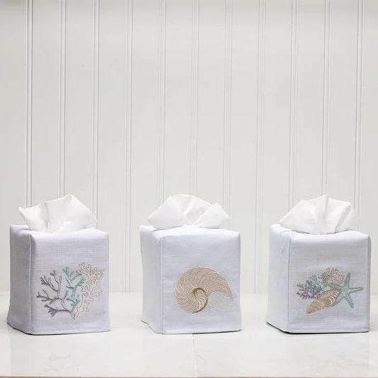 Jacaranda Living Square Tissue Box Cover, Linen/Cotton Fabric Tissue Holder, Decorative Cloth Tissue Cube Cover, Coastal Designs Striped Nautilus (Beige) - ModernBath