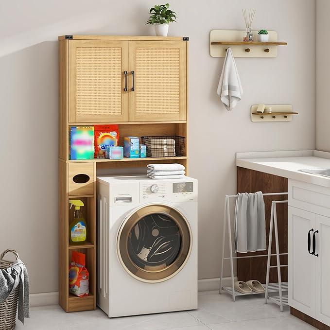Vabches Over The Toilet Storage Cabinet, Farmhouse Rattan Storage Cabinet Over Toilet with 2 Rattan Barn Doors & Home Space-Saving Toilet Rack, for Bathroom, Restroom, Laundry - ModernBath