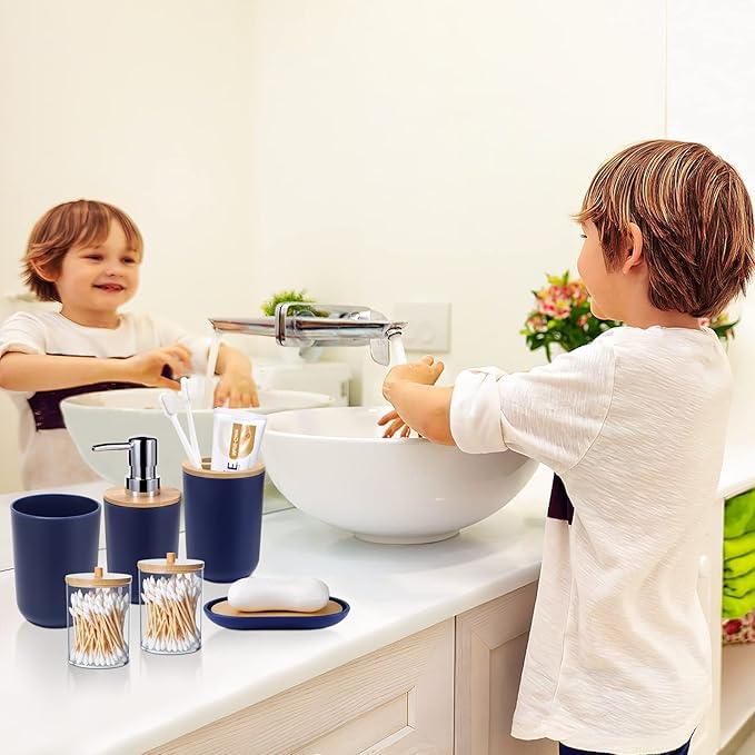 SLDIYWOW Blue Bathroom Accessories, 9-Piece Navy Blue Bathroom Accessories with Trash Can,Tray,Soap Dispenser,Toothbrush Holder,Toothbrush Cup,Soap Dish,Toilet Brush and Q-tip Holders for Bathroom - ModernBath