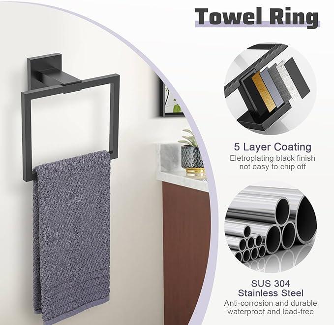 TNOMS Matte Black Towel Bar Set 5-Piece Bathroom Hardware Accessories Set,23.6 Inch Modern Towel Holder Set SUS304 Stainless Steel Towel Rack Set for Bathroom,Wall-Mounted - ModernBath