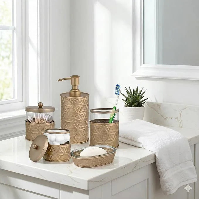 Autumn Alley Brushed Gold Bathroom Accessories Set, 5 Piece Champagne Gold Modern Bathroom Decor - Soap Dispenser, Toothbrush Holder, 2 Apothecary Jars, Soap Holder, Farmhouse Bathroom Décor - ModernBath