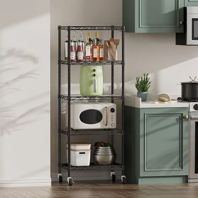 SINGAYE 5 Shelves Storage Shelf Wire Closet Bathroom Organizers Metal Pantry Kitchen Small Garage Shelving Unit Laundry Room Organization Home Narrow Rack Net Basket with Wheels Black - ModernBath