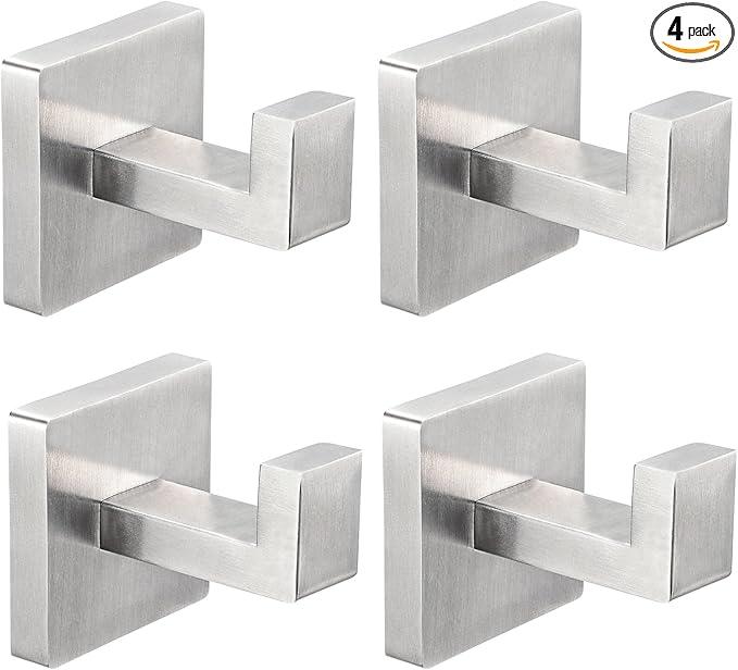 IBosins 4 Pack Towel Hooks Hand Towel Holder for Bathroom Wall Livingroom Bedroom Kitchen Closet Heavy Duty Stainless Steel Hook Hanger for Robe, Bath Towel, Coat (Square Brushed Silver) - ModernBath